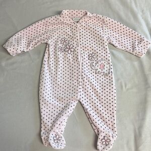 Adorable Pink Polka Dot Velour Onesie Sleeper/Romper with floral accents